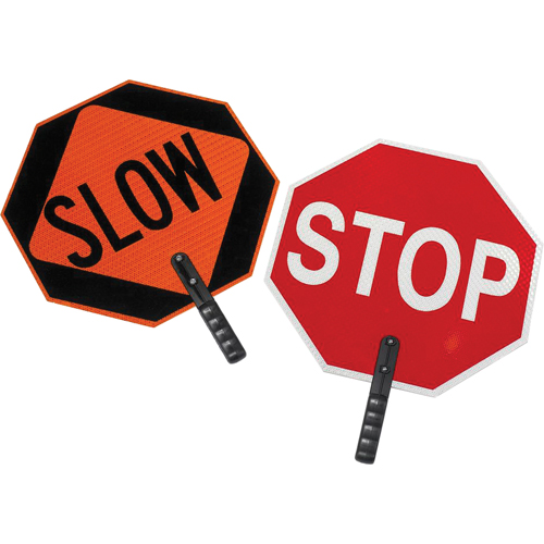 Panneau de signalisation &agrave; deux c&ocirc;t&eacute;s  Stop/Slow , 18" x 18", Plastique, Anglais avec pictogramme Southpoint Industrial Supply