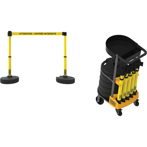 Syst&egrave;me de barri&egrave;re &agrave; chariot portatif avec plateau Plus, 75' lo, M&eacute;tal/Plastique, Jaune Southpoint Industrial Supply