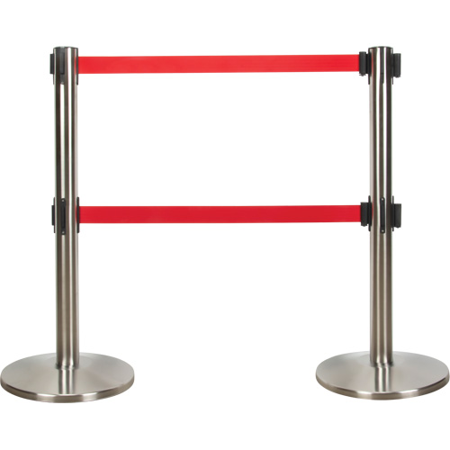 Barri&egrave;re pour le contr&ocirc;le des foules &agrave; courroie double, Acier, 35" h, Ruban Rouge, Longueur du ruban 7' Southpoint Industrial Supply