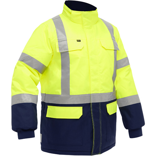 Manteau pour le froid extr&ecirc;me avec bas bleu marin et X au dos Bisley, Polyester, Jaune lime haute visibilit&eacute;, Petit Southpoint Industrial Supply