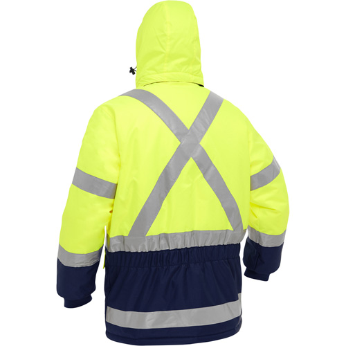 Manteau pour le froid extr&ecirc;me avec bas bleu marin et X au dos Bisley, Polyester, Jaune lime haute visibilit&eacute;, Petit Southpoint Industrial Supply