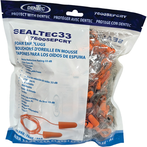 Bouchons d'oreilles coniques jetables en mousse de PU orange SEALTEC33, Vrac - Sac en poly, Avec cordon Southpoint Industrial Supply
