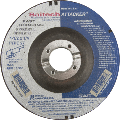Saitech Attacker&reg; Fast Grinding Wheel, 4-1/2" x 1/4", 7/8" Arbor, Aluminum Oxide/Ceramic, Type 27 Southpoint Industrial Supply