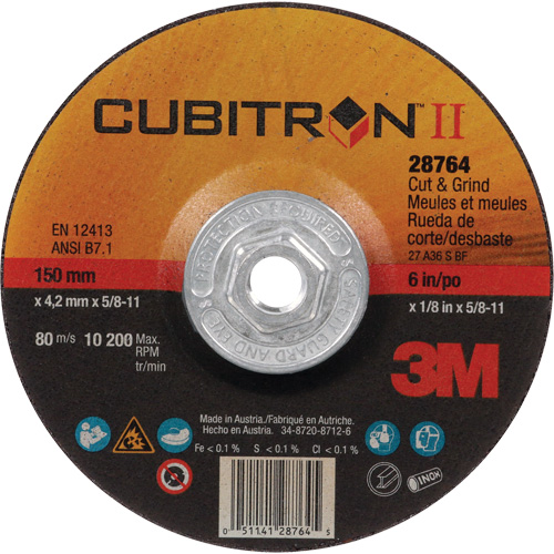 Disque de coupe et de meulage &agrave; changement rapide Cubitron II, 6" x 1/8", Arbre de 5/8"-11, Type 27, C&eacute;ramique Southpoint Industrial Supply