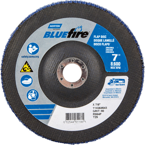 BlueFire R884P Coarse Grit Flap Disc, 7" x 7/8", Type 27, 80 Grit, Zirconia Alumina Southpoint Industrial Supply