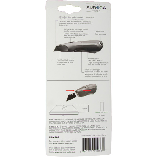 Couteau de s&eacute;curit&eacute; r&eacute;tractable , Acier inoxydable, Robuste, Prise en Plastique/Aluminium Southpoint Industrial Supply