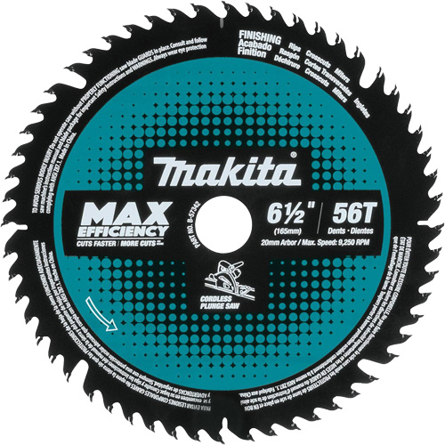 Carbide-Tipped Max Efficiency Cordless Plunge Saw Blade, 6-1/2", 56 Teeth, Laminate/Wood/MDF Use Southpoint Industrial Supply