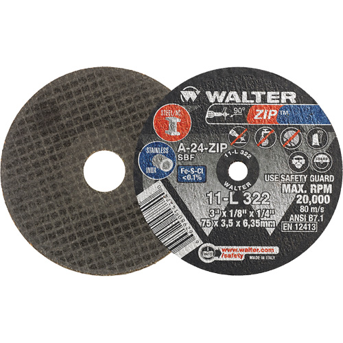 Meule &agrave; tronçonner Zip, 3" x 1/8", Arbre de 1/4", Type 1, Oxyde d'aluminium, 25470 Tr/min Southpoint Industrial Supply