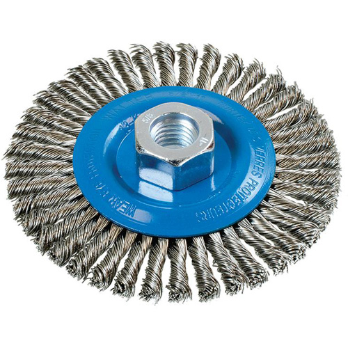 Brosse &agrave; fils nou&eacute;s pour cordons de soudure, Dia. 4-1/2", Fils 0,02", Arbre 5/8"-11, Aluminium/Acier inoxydable Southpoint Industrial Supply