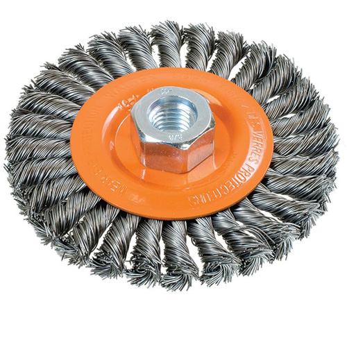 Brosse rotative &agrave; fils nou&eacute;s large, Dia. 4-1/2", Fils 0,02", Arbre 5/8"-11, Acier Southpoint Industrial Supply