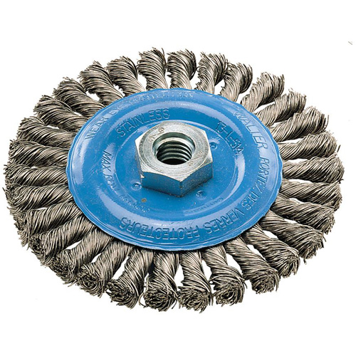 Wide Knotted Wire Wheel Brush, 5" Dia., 0.02" Fill, 5/8"-11 Arbor, Aluminum/Stainless Steel Southpoint Industrial Supply