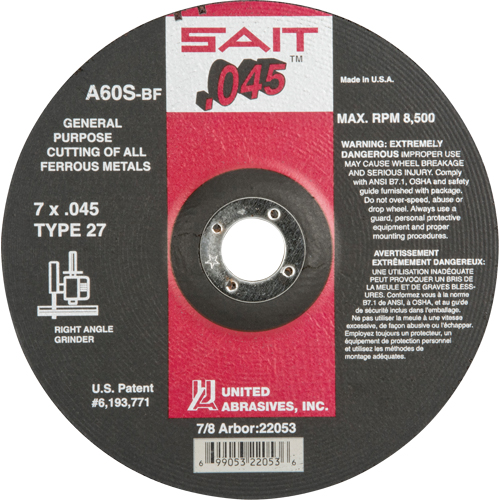 Depressed Center Cut-Off Wheel, 7" x 0.045", 7/8" Arbor, Type 27, Aluminum Oxide, 8500 RPM Southpoint Industrial Supply