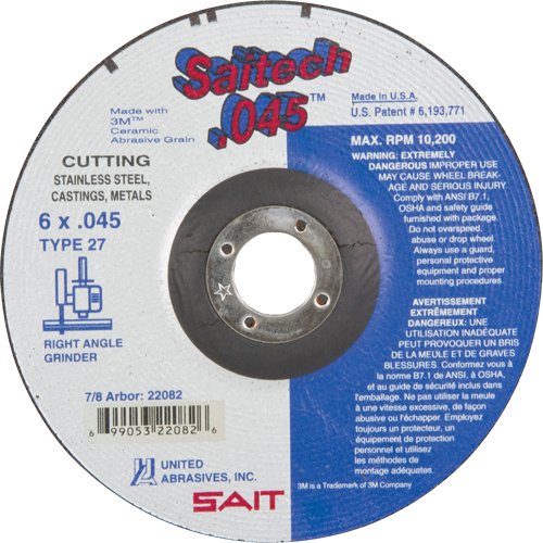 Cut-Off Wheel, 6" x 0.045", 7/8" Arbor, Type 27, Aluminum Oxide/Ceramic, 10200 RPM Southpoint Industrial Supply