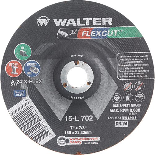 Meules &agrave; moyeu d&eacute;port&eacute; Flexcut, 7", 24 Grain, Oxyde d'aluminium, 7/8", 8600 Tr/min, Type 29 Southpoint Industrial Supply