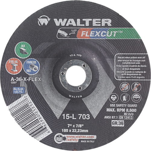 Flexcut Depressed Centre Grinding Wheels, 7", 36 Grit, Aluminum Oxide, 7/8", 8600 RPM, Type 29 Southpoint Industrial Supply
