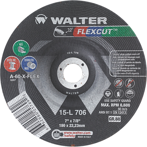 Flexcut Depressed Centre Grinding Wheels, 7", 60 Grit, Aluminum Oxide, 7/8", 8600 RPM, Type 29 Southpoint Industrial Supply