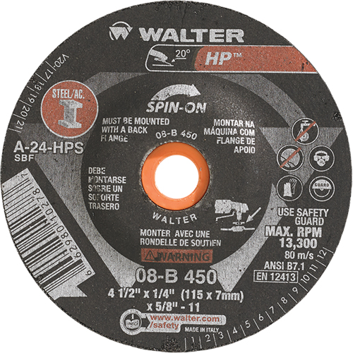 HP Spin-On Grinding Wheel, 4-1/2" x 1/4", 5/8"-11 Arbor, Type 27S Southpoint Industrial Supply