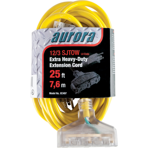Vinyl Extension Cord with Light Indicator, Outdoor, SJTOW, 12/3 AWG, 15 A, 3 Outlet(s), 25' Southpoint Industrial Supply