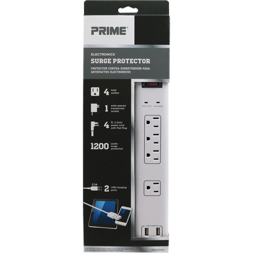Limiteurs de surtension avec chargeur USB, 4 Prises, 1200 J, 1875 W, Cordon 4' Southpoint Industrial Supply