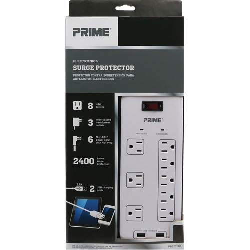 Limiteurs de surtension avec chargeur USB, 8 Prises, 2400 J, 1875 W, Cordon 6' Southpoint Industrial Supply