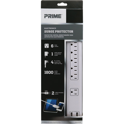 USB Charging Surge Protectors, 6 Outlets, 1800 J, 1875 W, 4' Cord Southpoint Industrial Supply