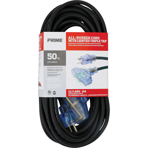 All-Rubber Extension Cord, Outdoor, SJOOW, 12/3 AWG, 15 A, 3 Outlet(s), 50' Southpoint Industrial Supply