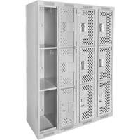 Clean Line Lockers, 3 -tier, Bank of 4, 48" x 12" x 72", Steel, Grey, Rivet (Assembled), Perforated Southpoint Industrial Supply