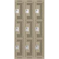 Clean Line Lockers, 3 -tier, Bank of 3, 36" x 12" x 72", Steel, Beige, Rivet (Assembled), Perforated Southpoint Industrial Supply