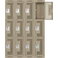 Clean Line Lockers, 3 -tier, Bank of 4, 48" x 12" x 72", Steel, Beige, Rivet (Assembled), Perforated Southpoint Industrial Supply