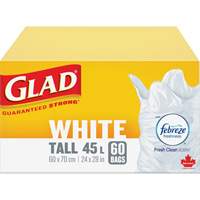 Sacs &agrave; ordures hauts 45 L avec Febreze, R&eacute;gulier, 24" la x 28" lo, Blanc Southpoint Industrial Supply