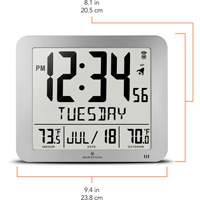 Slim Self-Setting Full Calendar Wall Clock, Digital, Battery Operated, Silver OR494 | Southpoint Industrial Supply